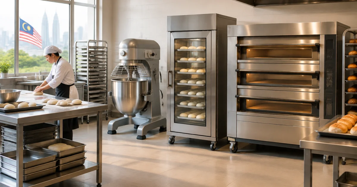 Professional bakery workspace with mixer, proofer, and commercial oven
