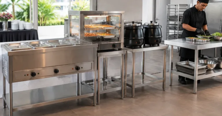 Catering equipment lineup including warmers and bain marie in a prep area