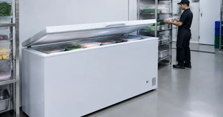 Commercial chest freezer in a back-of-house storage area with containers inside