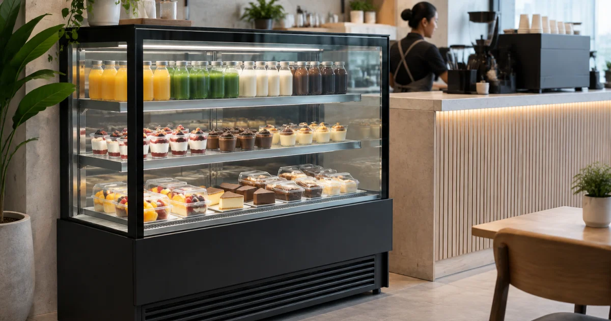Glass door display chiller fridge in a cafe setting showing chilled products