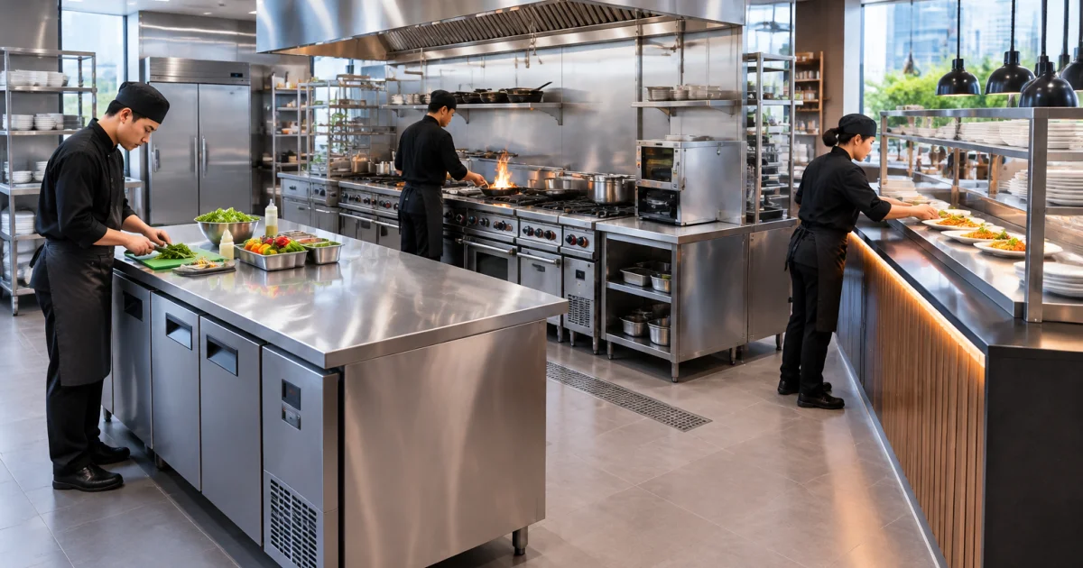 Commercial kitchen layout with prep, refrigeration, and cooking zones arranged for smooth workflow