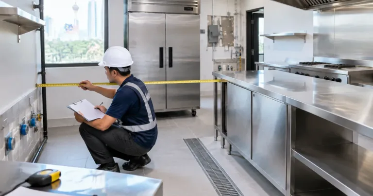 Technician measuring a commercial kitchen space while planning equipment installation