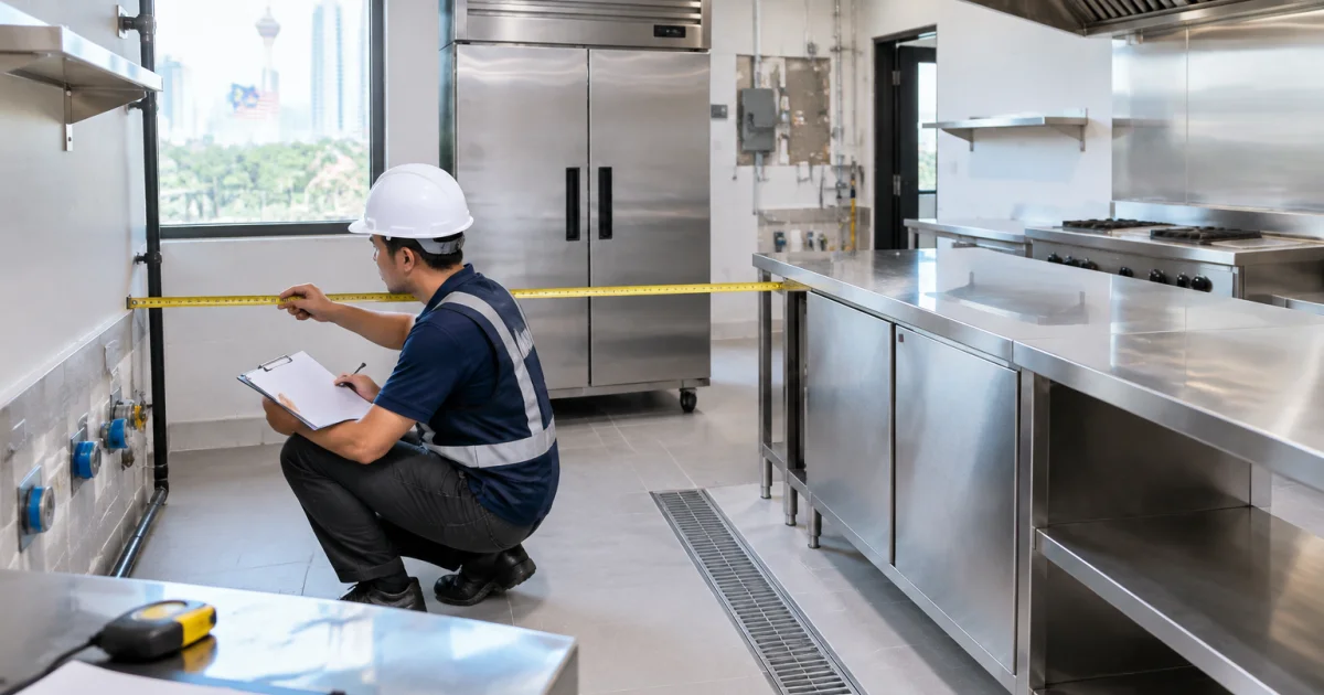 Technician measuring a commercial kitchen space while planning equipment installation