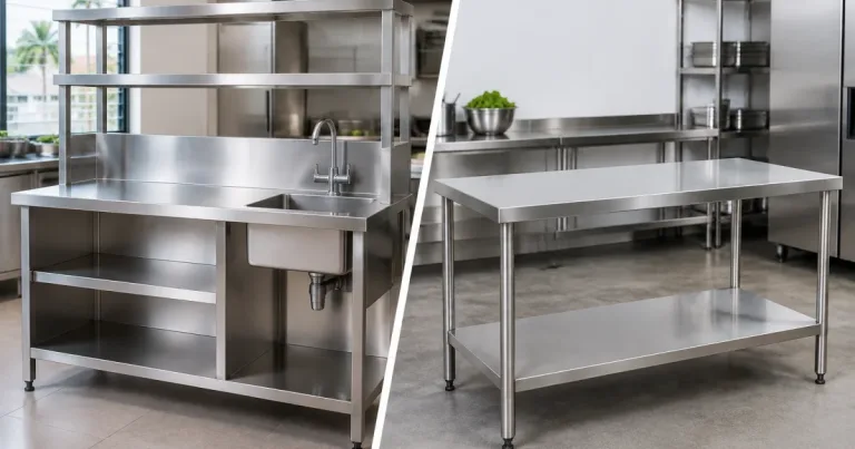 Custom and standard stainless steel kitchen workstations shown side by side