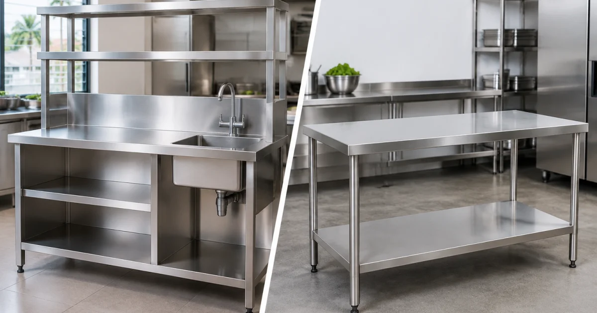 Custom and standard stainless steel kitchen workstations shown side by side