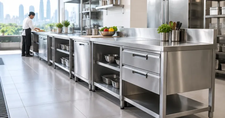 Modern stainless steel worktables with storage features in a commercial kitchen