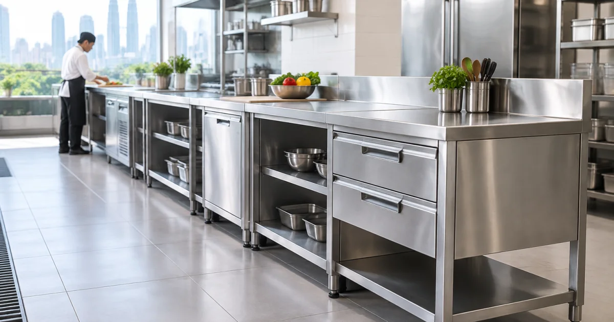 Modern stainless steel worktables with storage features in a commercial kitchen