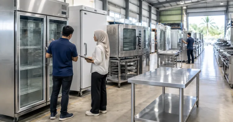 Showroom warehouse with used commercial kitchen equipment arranged for buyer inspection