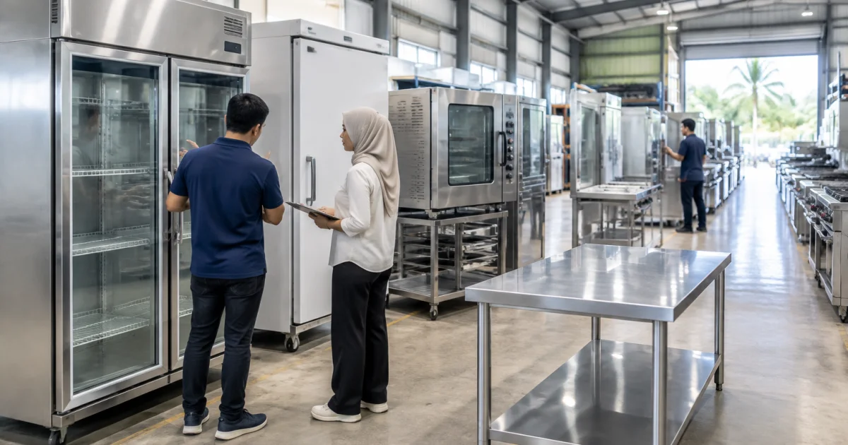 Showroom warehouse with used commercial kitchen equipment arranged for buyer inspection